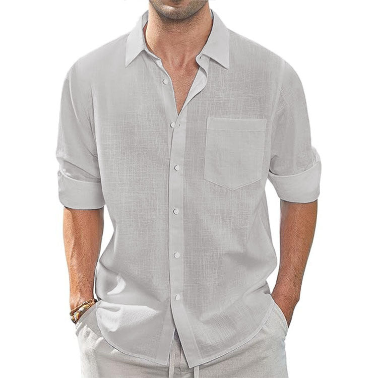 Thin Lapel-collar Linen Long-sleeve Shirt With Pockets