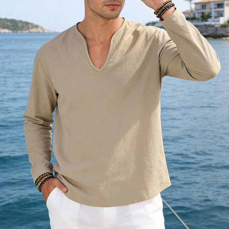 Men's V-Neck Plus-Size Long-Sleeve T-Shirt
